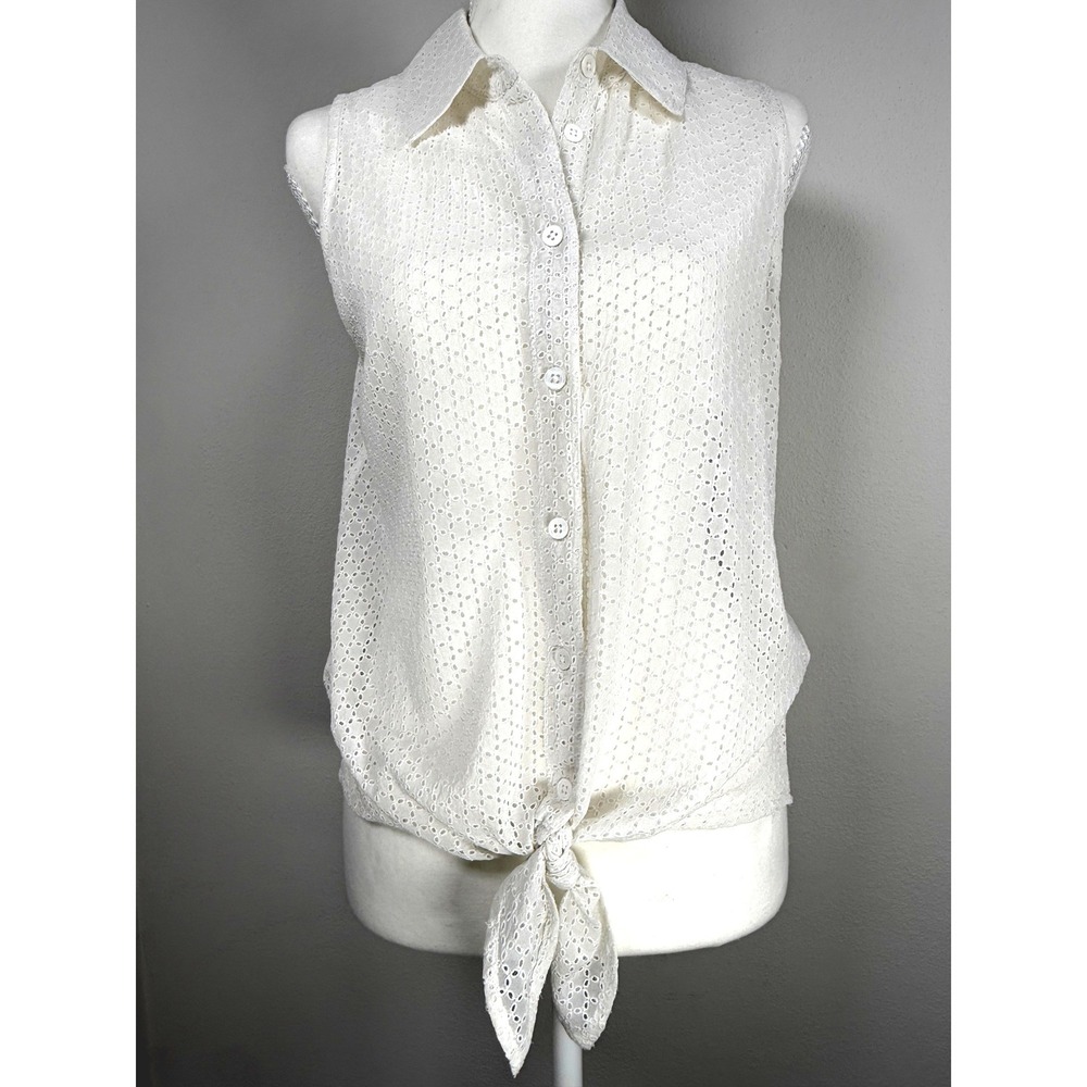 Equipment Femme Silk Eyelet Sleeveless Blouse Womens White Cottagecore Preppy